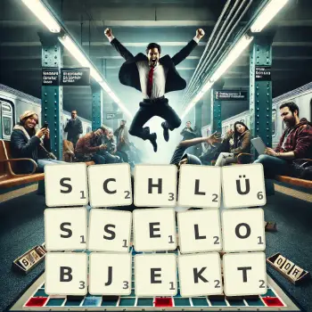 Kreative Illustration für ein Scrabble-Spiel, bei dem das Wort SCHLÜSSELOBJEKT mit Steinen auf dem Brett gelegt wurde.