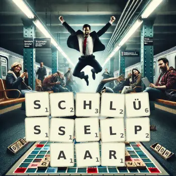Kreative Illustration für ein Scrabble-Spiel, bei dem das Wort SCHLÜSSELPAAR mit Steinen auf dem Brett gelegt wurde.