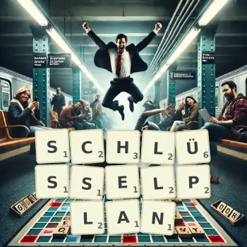 Kreative Illustration für ein Scrabble-Spiel, bei dem das Wort SCHLÜSSELPLAN mit Steinen auf dem Brett gelegt wurde.