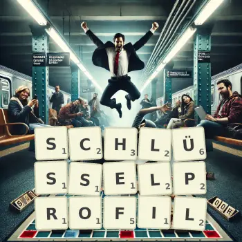 Kreative Illustration für ein Scrabble-Spiel, bei dem das Wort SCHLÜSSELPROFIL mit Steinen auf dem Brett gelegt wurde.