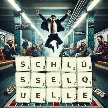 Kreative Illustration für ein Scrabble-Spiel, bei dem das Wort SCHLÜSSELQUELLE mit Steinen auf dem Brett gelegt wurde.