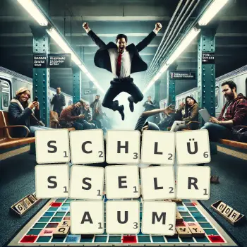 Kreative Illustration für ein Scrabble-Spiel, bei dem das Wort SCHLÜSSELRAUM mit Steinen auf dem Brett gelegt wurde.