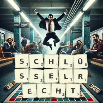 Kreative Illustration für ein Scrabble-Spiel, bei dem das Wort SCHLÜSSELRECHT mit Steinen auf dem Brett gelegt wurde.