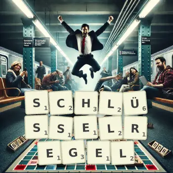 Kreative Illustration für ein Scrabble-Spiel, bei dem das Wort SCHLÜSSELREGEL mit Steinen auf dem Brett gelegt wurde.
