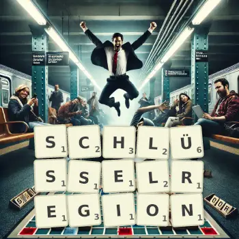 Kreative Illustration für ein Scrabble-Spiel, bei dem das Wort SCHLÜSSELREGION mit Steinen auf dem Brett gelegt wurde.
