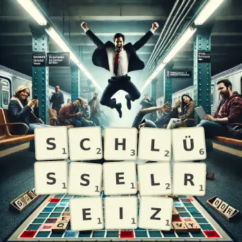 Kreative Illustration für ein Scrabble-Spiel, bei dem das Wort SCHLÜSSELREIZ mit Steinen auf dem Brett gelegt wurde.