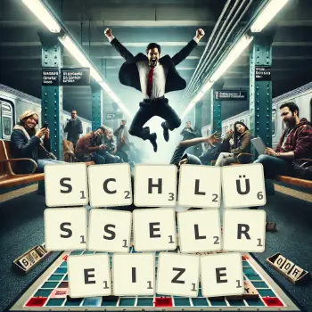 Kreative Illustration für ein Scrabble-Spiel, bei dem das Wort SCHLÜSSELREIZE mit Steinen auf dem Brett gelegt wurde.