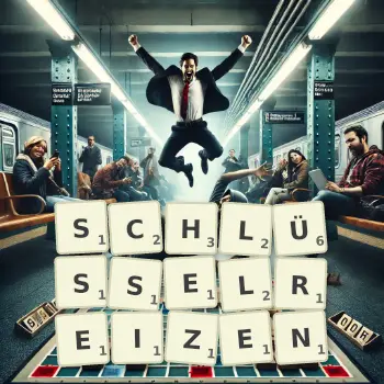 Kreative Illustration für ein Scrabble-Spiel, bei dem das Wort SCHLÜSSELREIZEN mit Steinen auf dem Brett gelegt wurde.