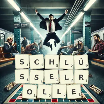 Kreative Illustration für ein Scrabble-Spiel, bei dem das Wort SCHLÜSSELROLLE mit Steinen auf dem Brett gelegt wurde.