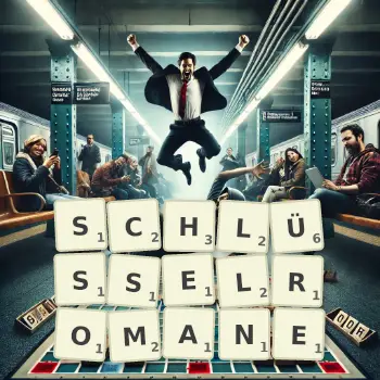 Kreative Illustration für ein Scrabble-Spiel, bei dem das Wort SCHLÜSSELROMANE mit Steinen auf dem Brett gelegt wurde.