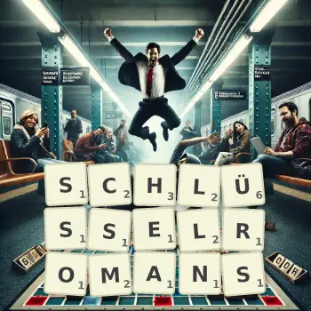 Kreative Illustration für ein Scrabble-Spiel, bei dem das Wort SCHLÜSSELROMANS mit Steinen auf dem Brett gelegt wurde.