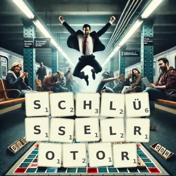Kreative Illustration für ein Scrabble-Spiel, bei dem das Wort SCHLÜSSELROTOR mit Steinen auf dem Brett gelegt wurde.