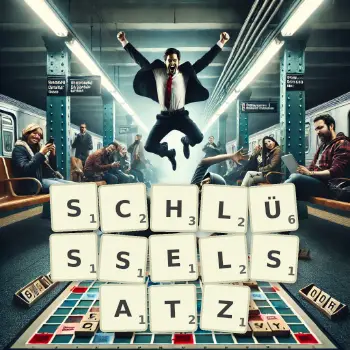 Kreative Illustration für ein Scrabble-Spiel, bei dem das Wort SCHLÜSSELSATZ mit Steinen auf dem Brett gelegt wurde.