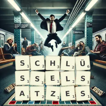Kreative Illustration für ein Scrabble-Spiel, bei dem das Wort SCHLÜSSELSATZES mit Steinen auf dem Brett gelegt wurde.