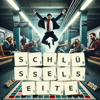 Kreative Illustration für ein Scrabble-Spiel, bei dem das Wort SCHLÜSSELSEITE mit Steinen auf dem Brett gelegt wurde.