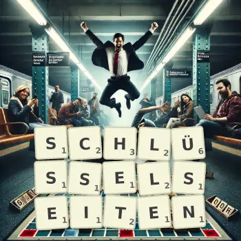 Kreative Illustration für ein Scrabble-Spiel, bei dem das Wort SCHLÜSSELSEITEN mit Steinen auf dem Brett gelegt wurde.