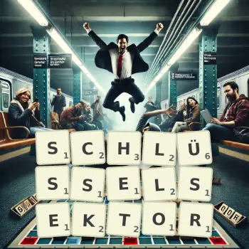Kreative Illustration für ein Scrabble-Spiel, bei dem das Wort SCHLÜSSELSEKTOR mit Steinen auf dem Brett gelegt wurde.