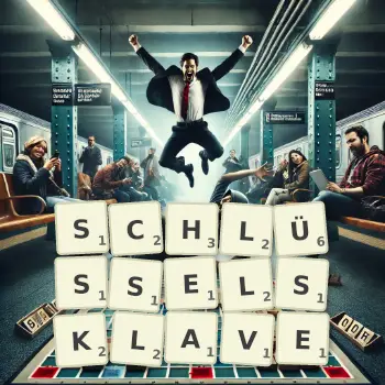 Kreative Illustration für ein Scrabble-Spiel, bei dem das Wort SCHLÜSSELSKLAVE mit Steinen auf dem Brett gelegt wurde.