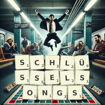 Kreative Illustration für ein Scrabble-Spiel, bei dem das Wort SCHLÜSSELSONGS mit Steinen auf dem Brett gelegt wurde.