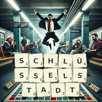 Kreative Illustration für ein Scrabble-Spiel, bei dem das Wort SCHLÜSSELSTADT mit Steinen auf dem Brett gelegt wurde.