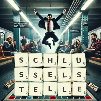 Kreative Illustration für ein Scrabble-Spiel, bei dem das Wort SCHLÜSSELSTELLE mit Steinen auf dem Brett gelegt wurde.