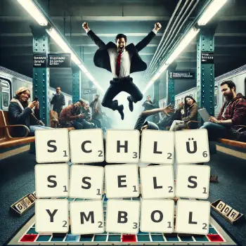 Kreative Illustration für ein Scrabble-Spiel, bei dem das Wort SCHLÜSSELSYMBOL mit Steinen auf dem Brett gelegt wurde.