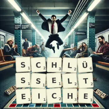 Kreative Illustration für ein Scrabble-Spiel, bei dem das Wort SCHLÜSSELTEICHE mit Steinen auf dem Brett gelegt wurde.