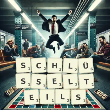 Kreative Illustration für ein Scrabble-Spiel, bei dem das Wort SCHLÜSSELTEILS mit Steinen auf dem Brett gelegt wurde.