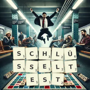 Kreative Illustration für ein Scrabble-Spiel, bei dem das Wort SCHLÜSSELTEST mit Steinen auf dem Brett gelegt wurde.