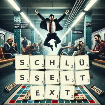 Kreative Illustration für ein Scrabble-Spiel, bei dem das Wort SCHLÜSSELTEXT mit Steinen auf dem Brett gelegt wurde.