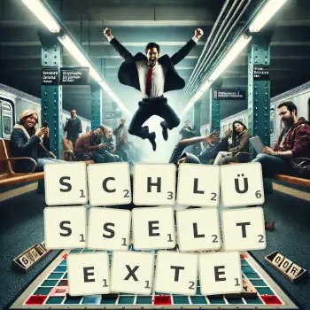 Kreative Illustration für ein Scrabble-Spiel, bei dem das Wort SCHLÜSSELTEXTE mit Steinen auf dem Brett gelegt wurde.