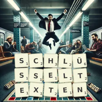 Kreative Illustration für ein Scrabble-Spiel, bei dem das Wort SCHLÜSSELTEXTEN mit Steinen auf dem Brett gelegt wurde.
