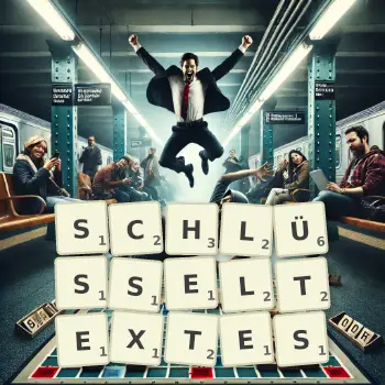 Kreative Illustration für ein Scrabble-Spiel, bei dem das Wort SCHLÜSSELTEXTES mit Steinen auf dem Brett gelegt wurde.
