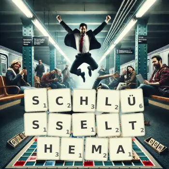 Kreative Illustration für ein Scrabble-Spiel, bei dem das Wort SCHLÜSSELTHEMA mit Steinen auf dem Brett gelegt wurde.