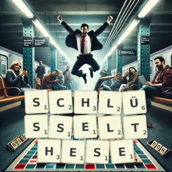 Kreative Illustration für ein Scrabble-Spiel, bei dem das Wort SCHLÜSSELTHESE mit Steinen auf dem Brett gelegt wurde.