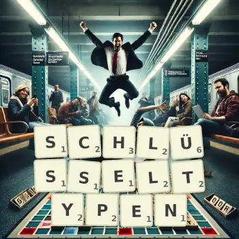 Kreative Illustration für ein Scrabble-Spiel, bei dem das Wort SCHLÜSSELTYPEN mit Steinen auf dem Brett gelegt wurde.