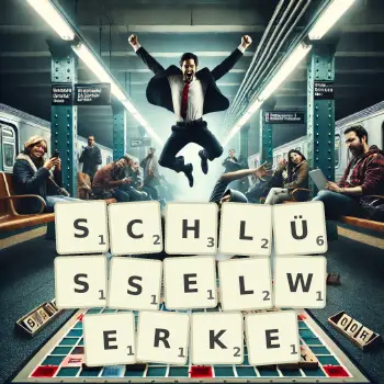 Kreative Illustration für ein Scrabble-Spiel, bei dem das Wort SCHLÜSSELWERKE mit Steinen auf dem Brett gelegt wurde.