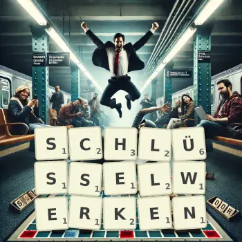Kreative Illustration für ein Scrabble-Spiel, bei dem das Wort SCHLÜSSELWERKEN mit Steinen auf dem Brett gelegt wurde.