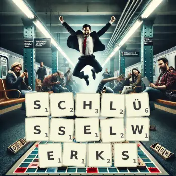 Kreative Illustration für ein Scrabble-Spiel, bei dem das Wort SCHLÜSSELWERKS mit Steinen auf dem Brett gelegt wurde.