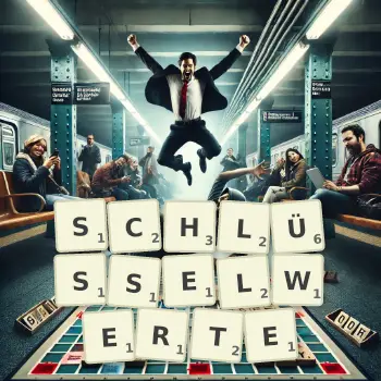 Kreative Illustration für ein Scrabble-Spiel, bei dem das Wort SCHLÜSSELWERTE mit Steinen auf dem Brett gelegt wurde.