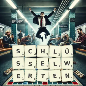 Kreative Illustration für ein Scrabble-Spiel, bei dem das Wort SCHLÜSSELWERTEN mit Steinen auf dem Brett gelegt wurde.