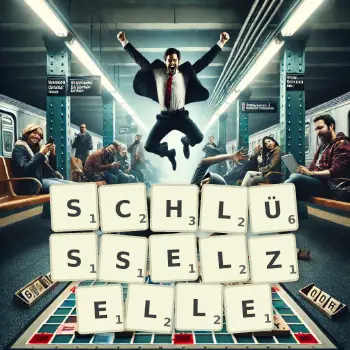 Kreative Illustration für ein Scrabble-Spiel, bei dem das Wort SCHLÜSSELZELLE mit Steinen auf dem Brett gelegt wurde.