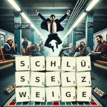 Kreative Illustration für ein Scrabble-Spiel, bei dem das Wort SCHLÜSSELZWEIGE mit Steinen auf dem Brett gelegt wurde.