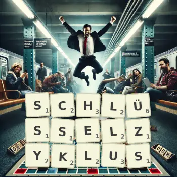 Kreative Illustration für ein Scrabble-Spiel, bei dem das Wort SCHLÜSSELZYKLUS mit Steinen auf dem Brett gelegt wurde.