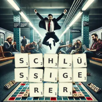 Kreative Illustration für ein Scrabble-Spiel, bei dem das Wort SCHLÜSSIGERER mit Steinen auf dem Brett gelegt wurde.