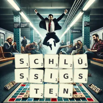 Kreative Illustration für ein Scrabble-Spiel, bei dem das Wort SCHLÜSSIGSTEN mit Steinen auf dem Brett gelegt wurde.