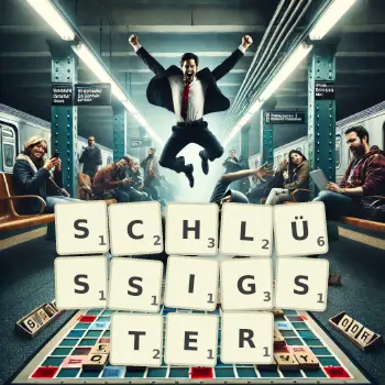 Kreative Illustration für ein Scrabble-Spiel, bei dem das Wort SCHLÜSSIGSTER mit Steinen auf dem Brett gelegt wurde.