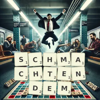 Kreative Illustration für ein Scrabble-Spiel, bei dem das Wort SCHMACHTENDEM mit Steinen auf dem Brett gelegt wurde.