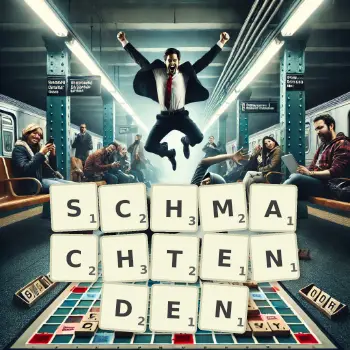 Kreative Illustration für ein Scrabble-Spiel, bei dem das Wort SCHMACHTENDEN mit Steinen auf dem Brett gelegt wurde.