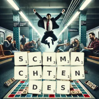 Kreative Illustration für ein Scrabble-Spiel, bei dem das Wort SCHMACHTENDES mit Steinen auf dem Brett gelegt wurde.
